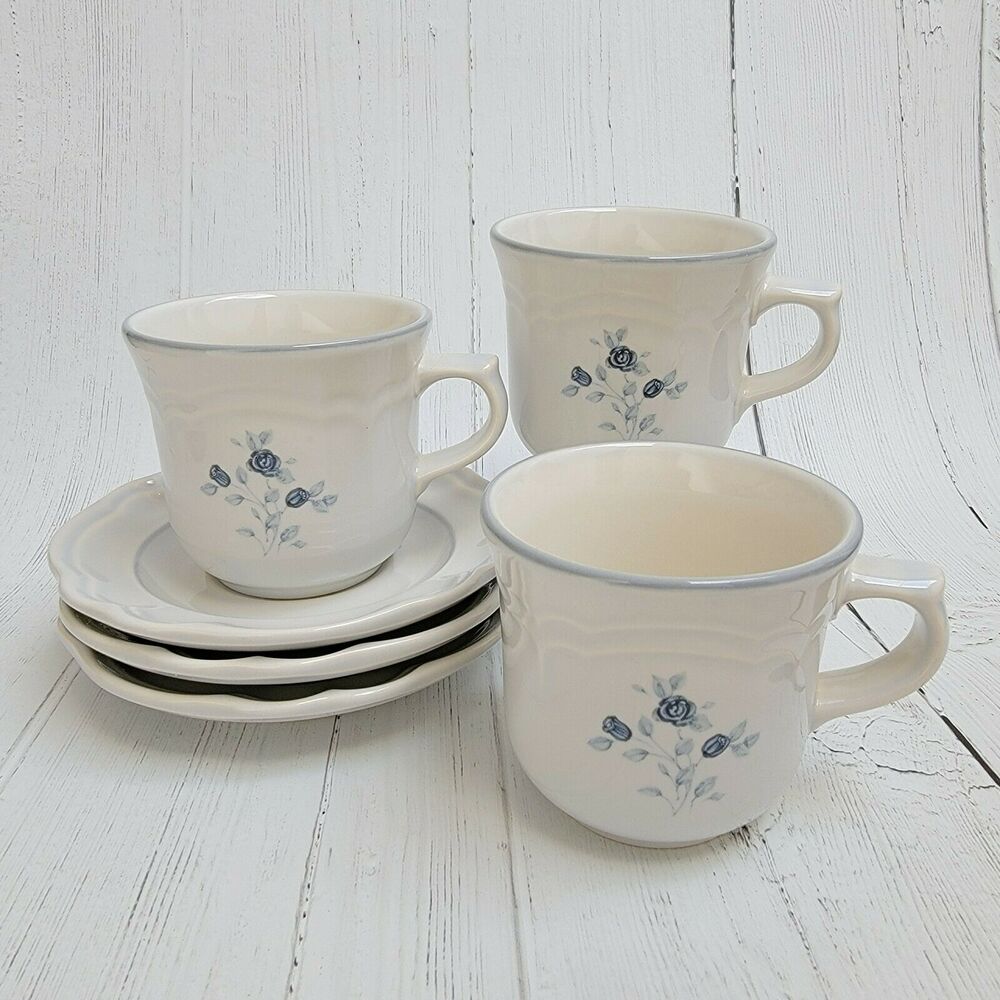 Vintage Pfaltzgraff Poetry Glossy Blue Rose cups and saucers, set‎ of 3